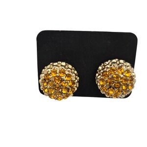 Amber Earrings Crystal Dome Pave Stud Gold Tone Glamorous Statement